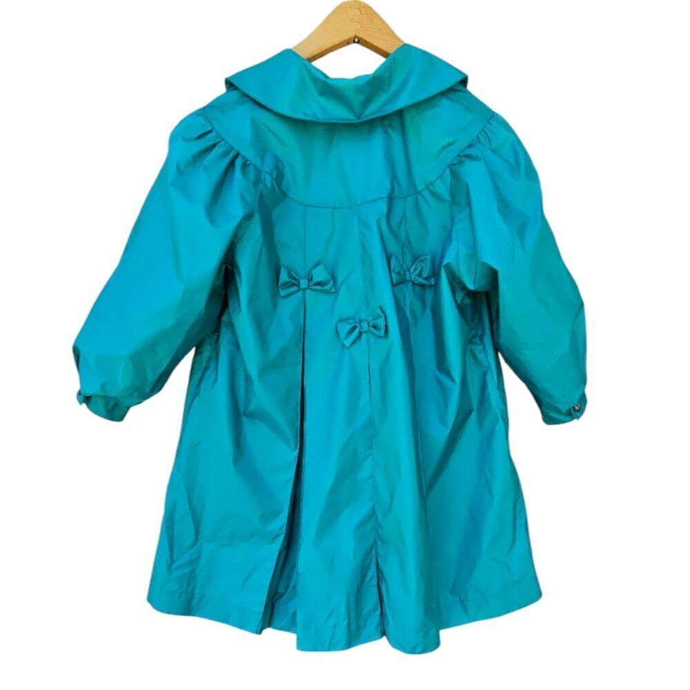 ROTHSCHILD Vtg Girl's Rain Trench Coat Sz 6 Teal Green Bows Pleated Classic